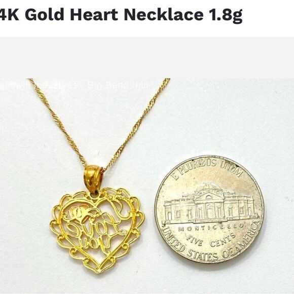 14K Yellow Gold Heart-Shaped "I Love You" Pendant Necklace 1.8 gram - Picture 3 of 5